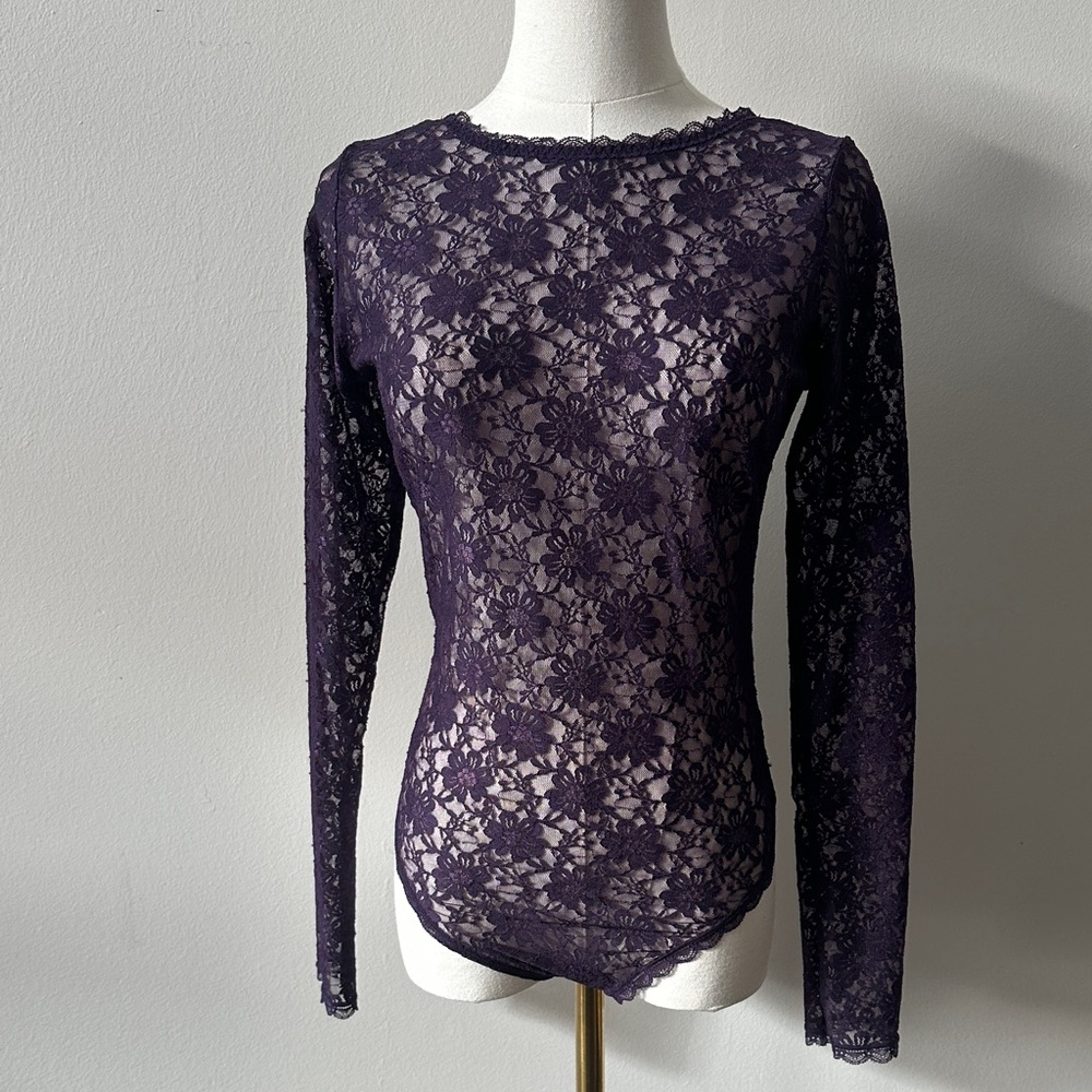 Purple‎ Sheer Floral Lace Long Sleeve Romantic Feminine Open Back Bodysuit M